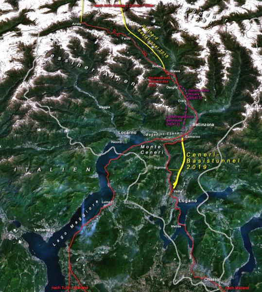 Ceneri Base Tunnel and Gotthard Base Tunnel maps