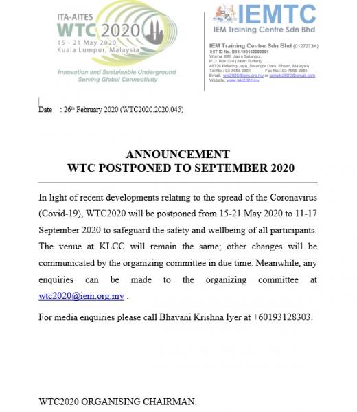 WTC2020 Organizing Committee September Postponement Announcement