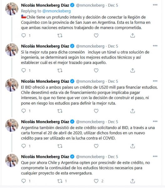 Tweets of Chile's ambassador to Argentina over the Agua Negra Tunnel credit cancellation.