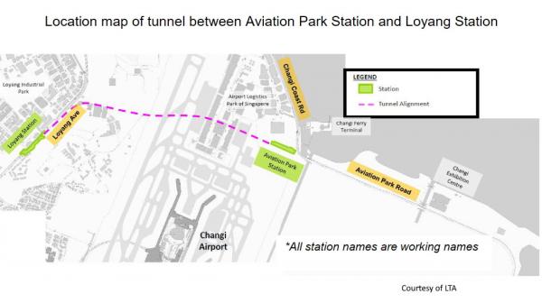 Location map of tunnel between Aviation Park Station and Loyang Station
