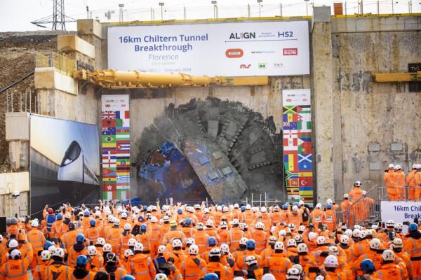 HS2 TBM 'Florence' breakthrough after boring 16km long Chiltern tunnel.
